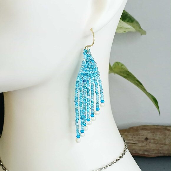 Blue & White Beaded Fringe Cascade Shoulder Duster Dangle Earrings, 3.5" - Picture 1 of 7